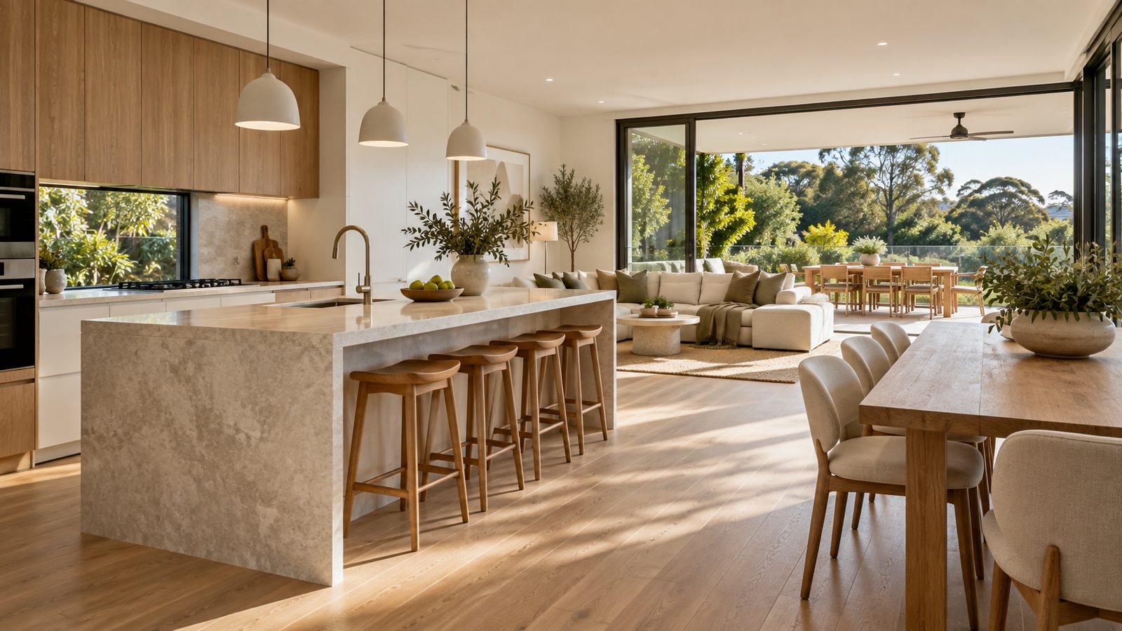 Bright modern open-plan kitchen and living area