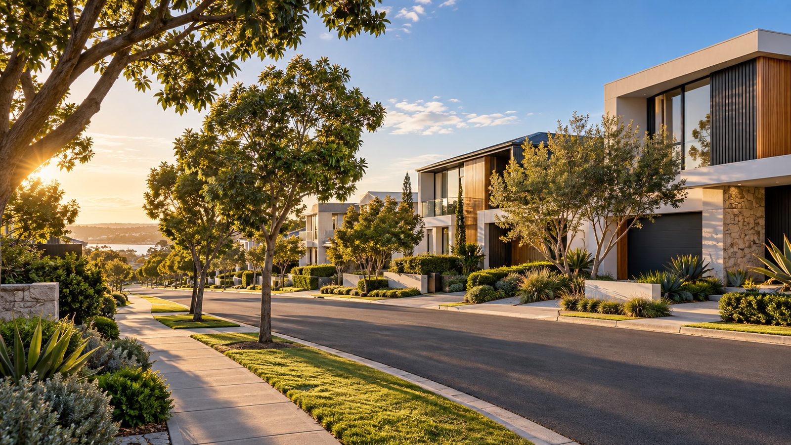 Modern residential streetscape with newly built homes