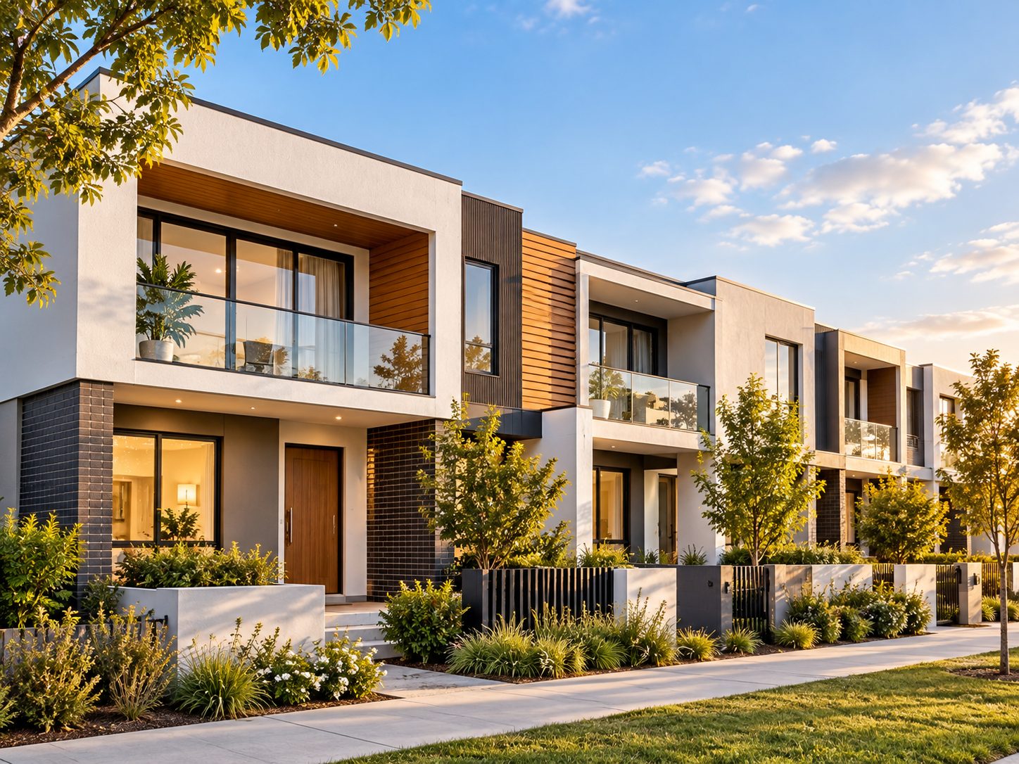 Modern townhouse streetscape at golden hour