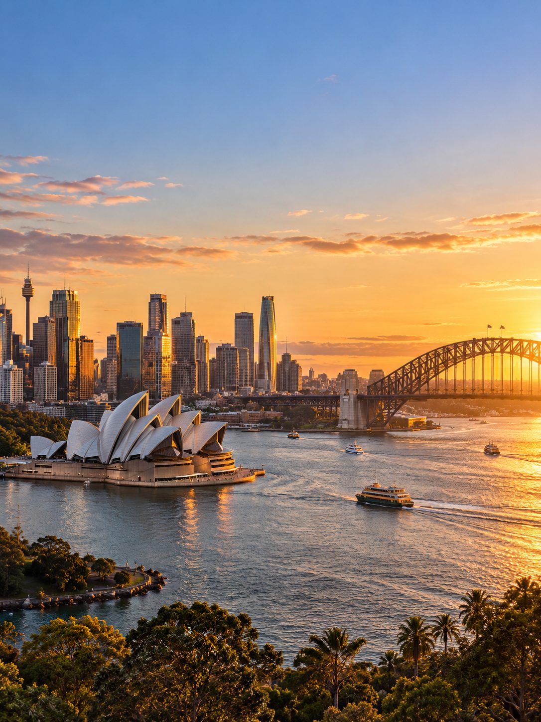 Sydney Harbour with the Opera House and Harbour Bridge at golden hour